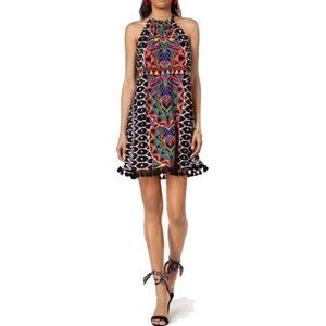 NWOT Trina Turk X Inc Halter Tassel Mini Dress M Tribal Print Tropical Geo